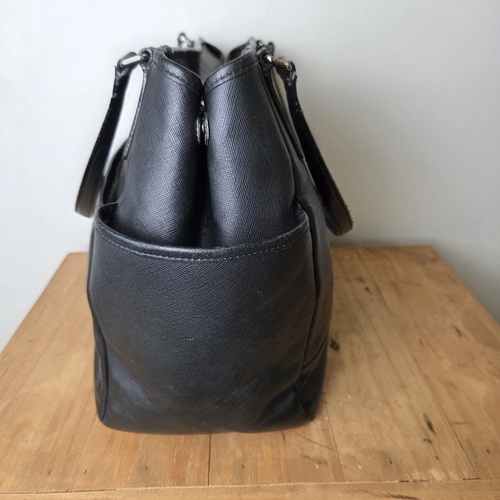 Coach Black Saffiano Leather Tote Shoulder Bag Silver Hardware Multi Pocket...